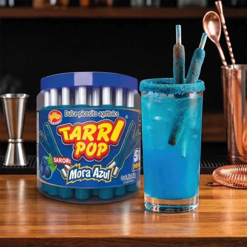 Tarry pop Vitrolero Banderilla Mora azul 50pz 540gr Micheladas