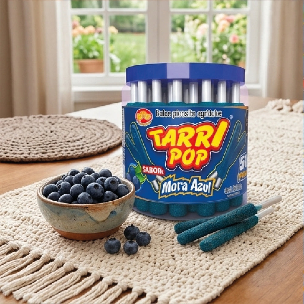Tarry pop Vitrolero Banderilla Mora azul 50pz 540gr Micheladas