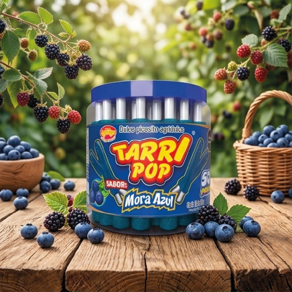 Tarry pop Vitrolero Banderilla Mora azul 50pz 540gr Micheladas